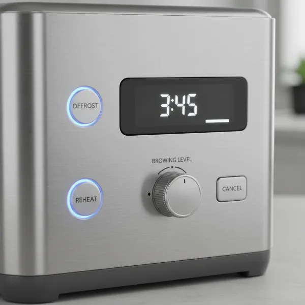 Close-up of a toaster's control panel showing defrost and reheat function buttons clearly.