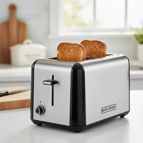 Two perfectly and evenly golden-brown slices of toast from the Black+Decker toaster