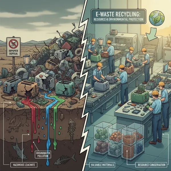 Illustration of hazardous materials from e-waste like toasters leaching into soil and water, contrasting with valuable material recovery.