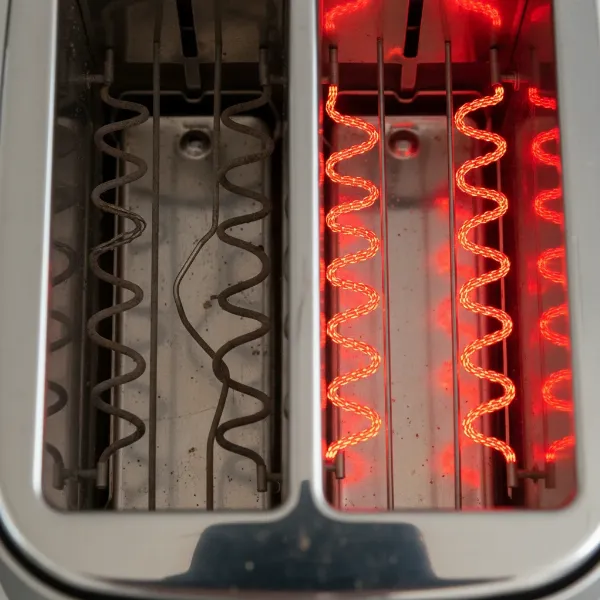 A close-up of a toaster slot showing one heating element not glowing, indicating a fault.