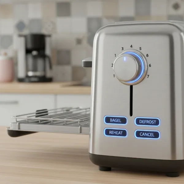 Close-up of toaster control panel with browning settings, bagel function, and warming rack.