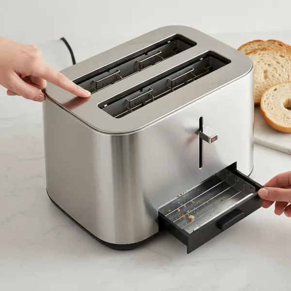 Hands demonstrating features of a toaster, showing wide slots and a removable crumb tray.