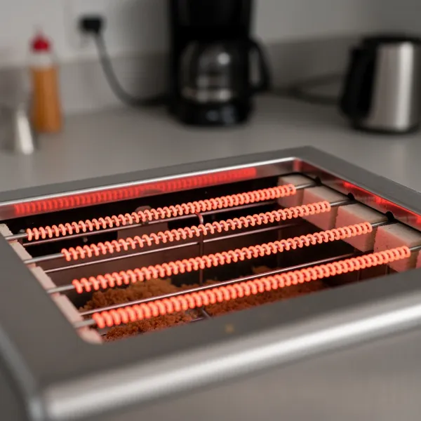 nichrome wire glowing red-hot inside a pop-up toaster slot