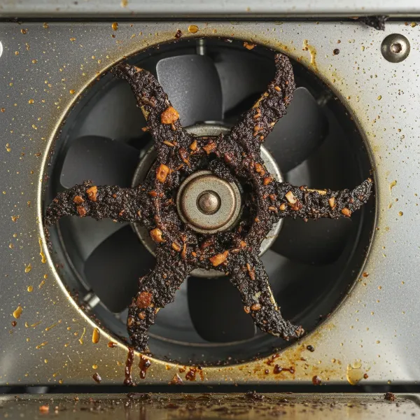 Toaster oven convection fan with debris, grease, and crumbs causing a buzzing noise