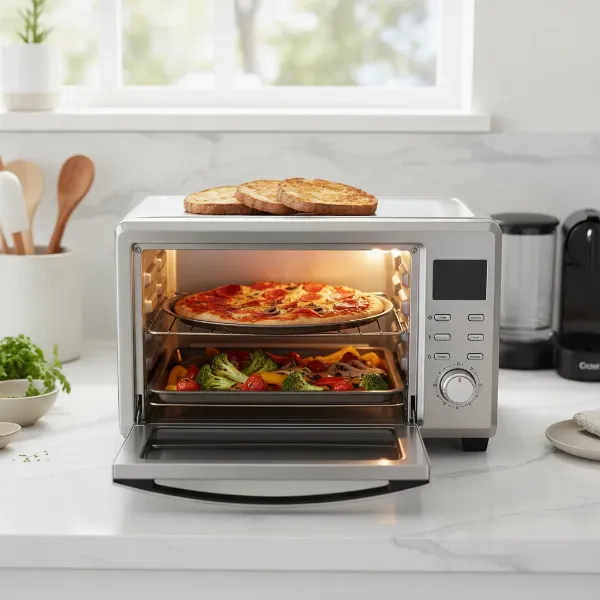 A versatile toaster oven preparing various foods: toast, pizza, and roasted vegetables, showcasing its multi-functionality.