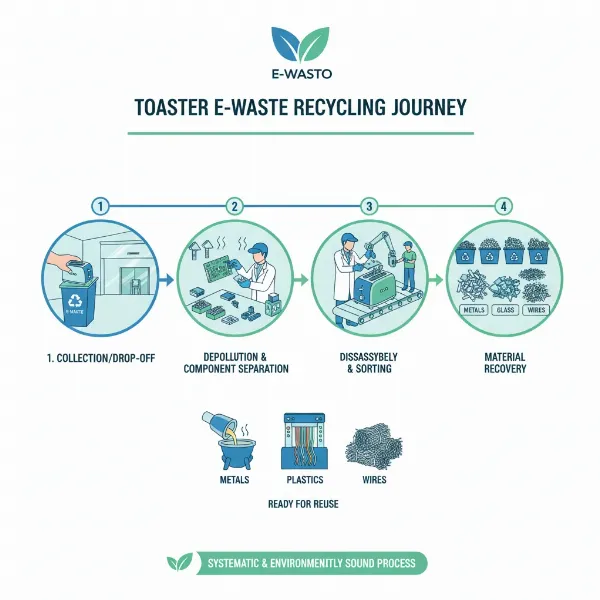 Diagram illustrating the multi-step e-waste recycling process for toasters, from collection to material recovery.