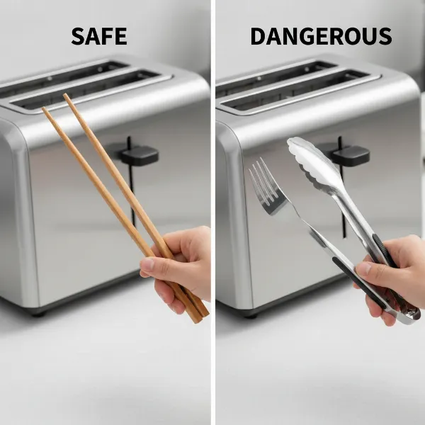 Visual comparison of safe wooden and plastic tools versus dangerous metal tools for toast retrieval