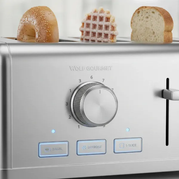 Close-up of Wolf Gourmet toaster controls showing bagel, defrost, one-slice settings.