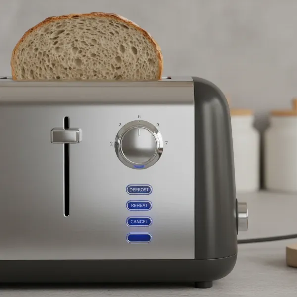 Close-up of a 4-slice toaster highlighting variable browning control and wide slots.