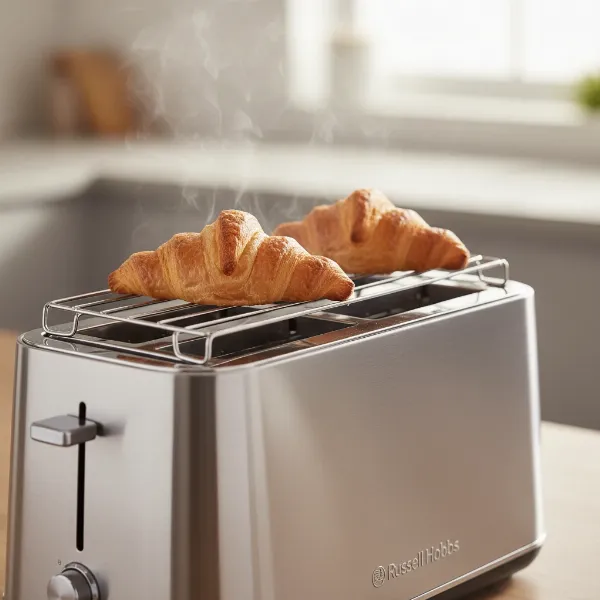 Russell Hobbs toaster with its removable warming rack holding two croissants, gently being warmed.