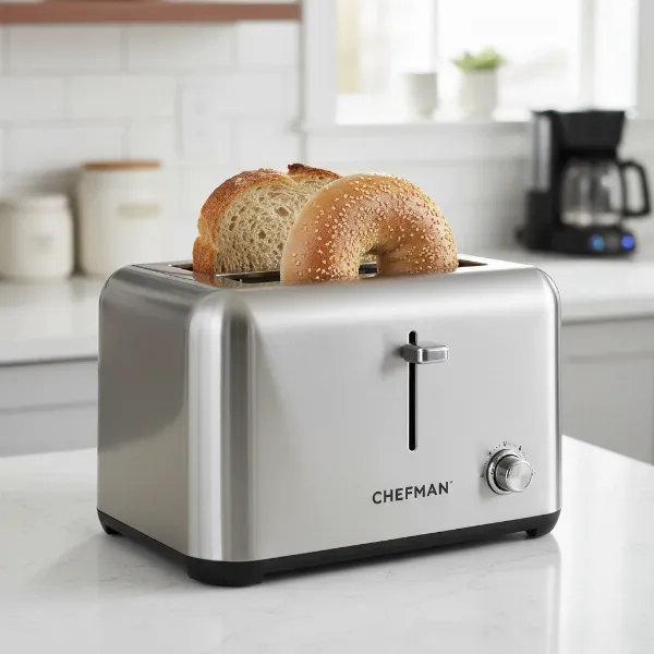 Chefman toaster extra-wide slots holding various bread types like bagels and thick artisan bread