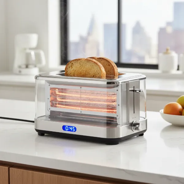 Modern clear glass toaster showcasing bread toasting, illuminating a contemporary kitchen counter.