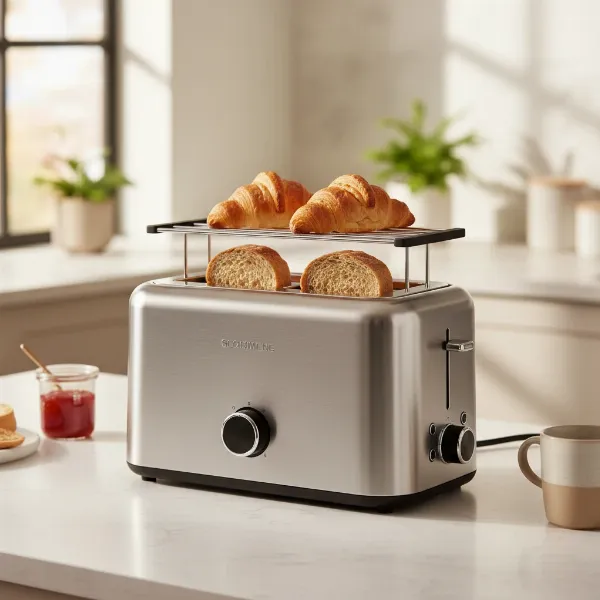 Two-slice toaster with integrated warming rack heating croissants and bread slices.
