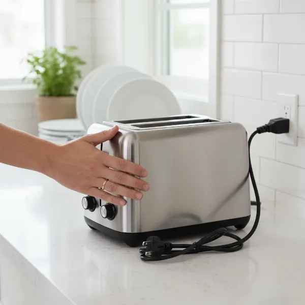 An unplugged toaster cooling on a counter, emphasizing safety before cleaning melted substances.