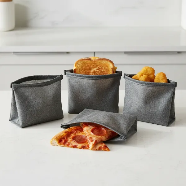 Toaster bags made from PTFE-coated fiberglass, showing versatility for grilled cheese, pizza, nuggets.
