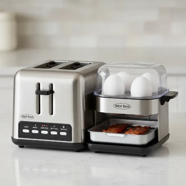 West Bend 78500 Breakfast Station with toaster, egg cooker, and warming tray for complete meals.