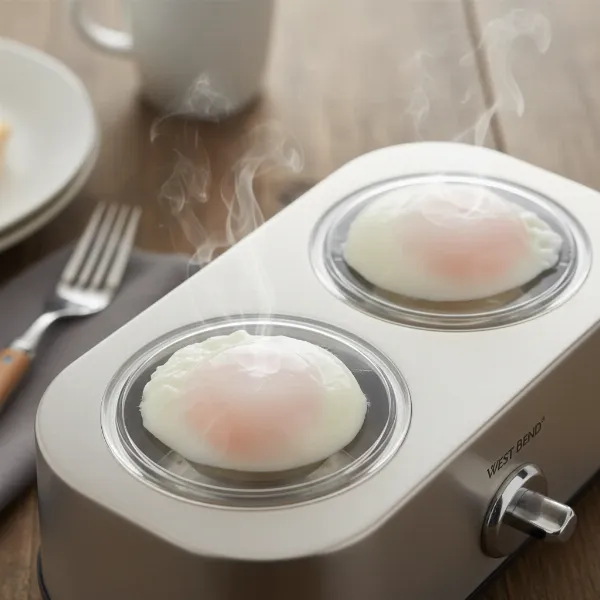 Perfectly poached eggs from the West Bend 78500 egg cooker, ready to be served.