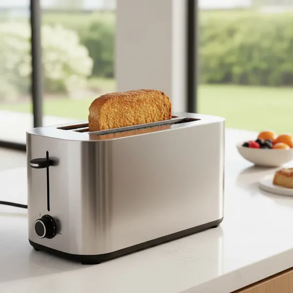 A modern wide-slot toaster perfectly fitting a thick slice of golden-brown Texas toast.
