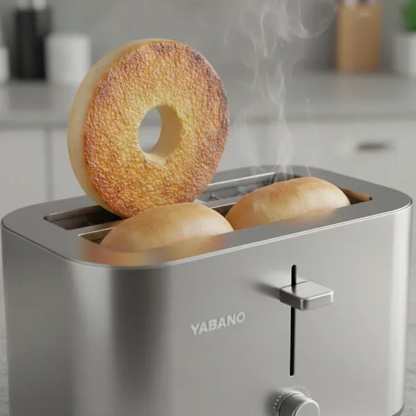 A toasted bagel retrieved from a Yabano 4-slice toaster, showing the perfectly toasted cut side.